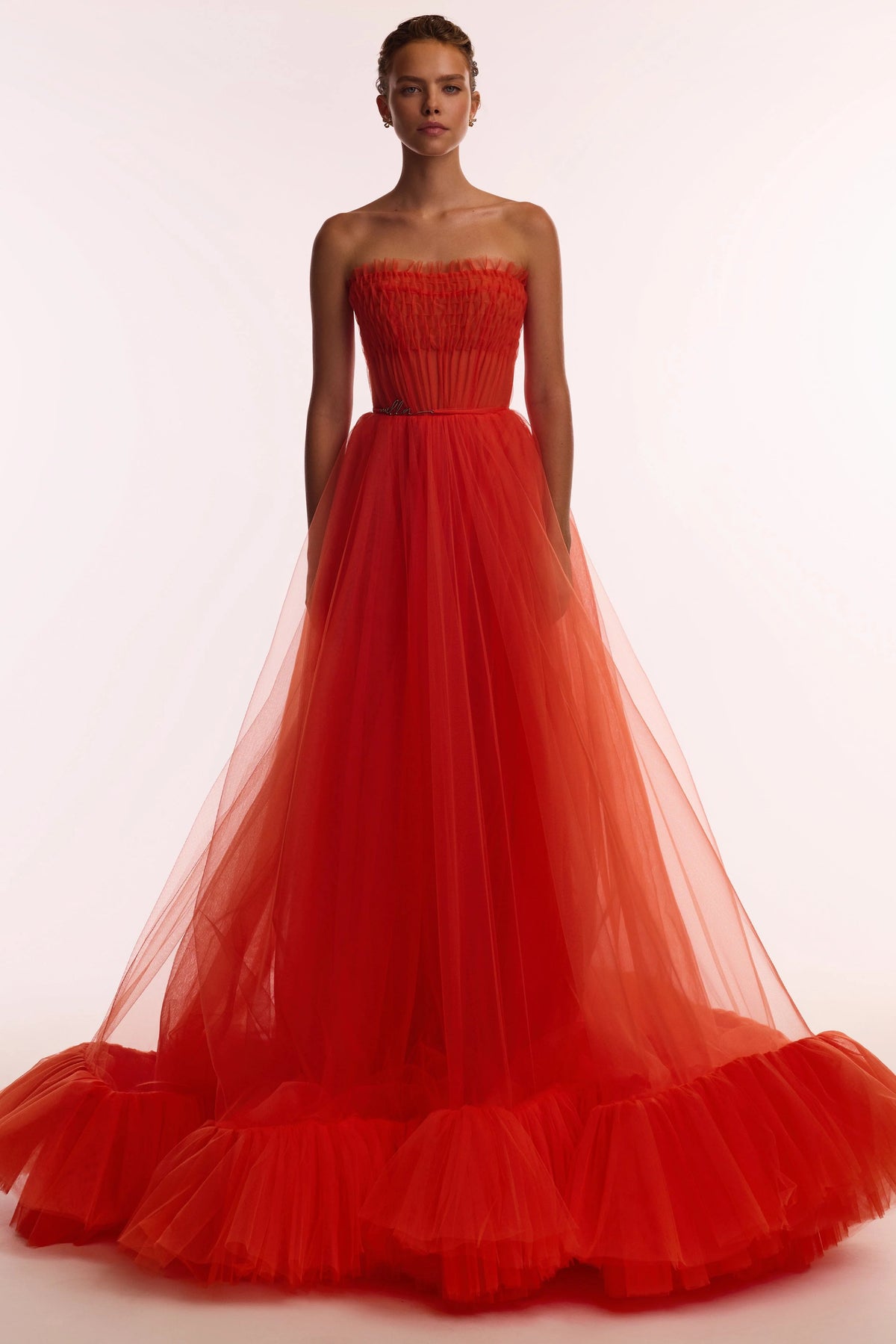 Airy tulle maxi dress in fiery coral