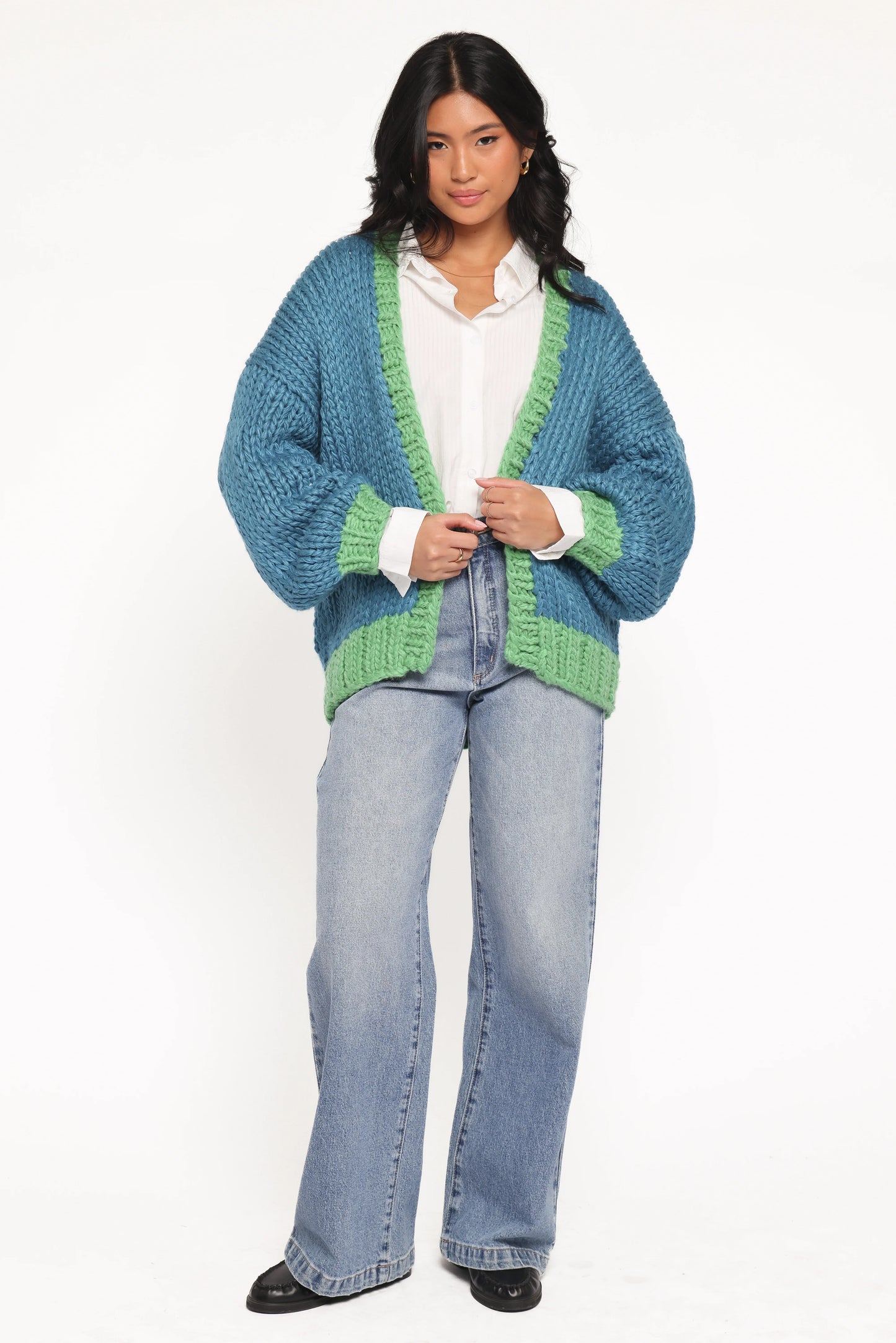 Anige Contrast Trim Cardigan Blue Green