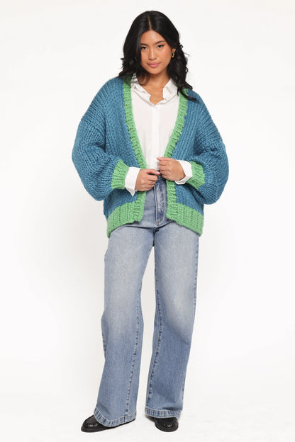 Anige Contrast Trim Cardigan Blue Green
