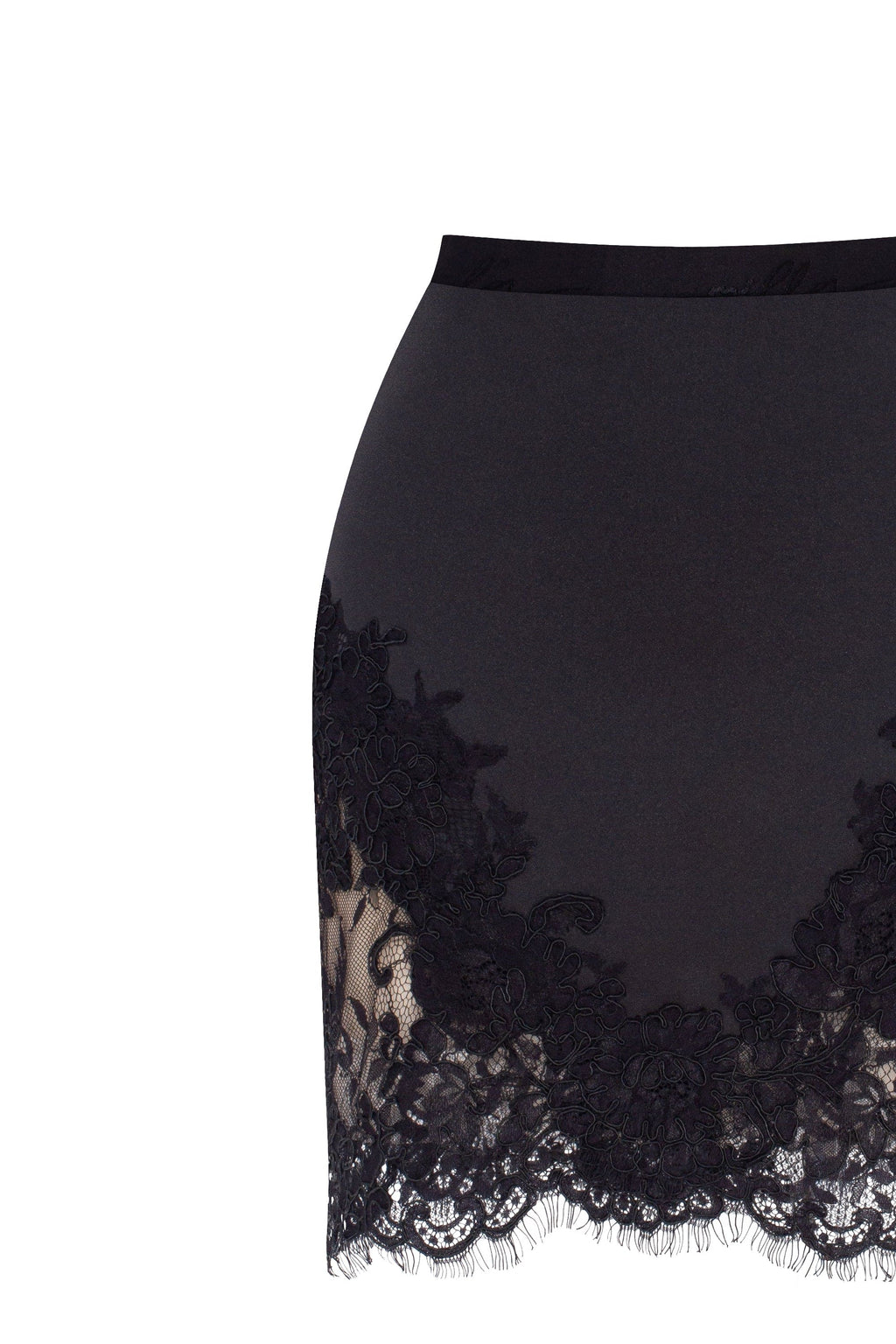 Fitted obsidian mini skirt adorned with lace Parisienne