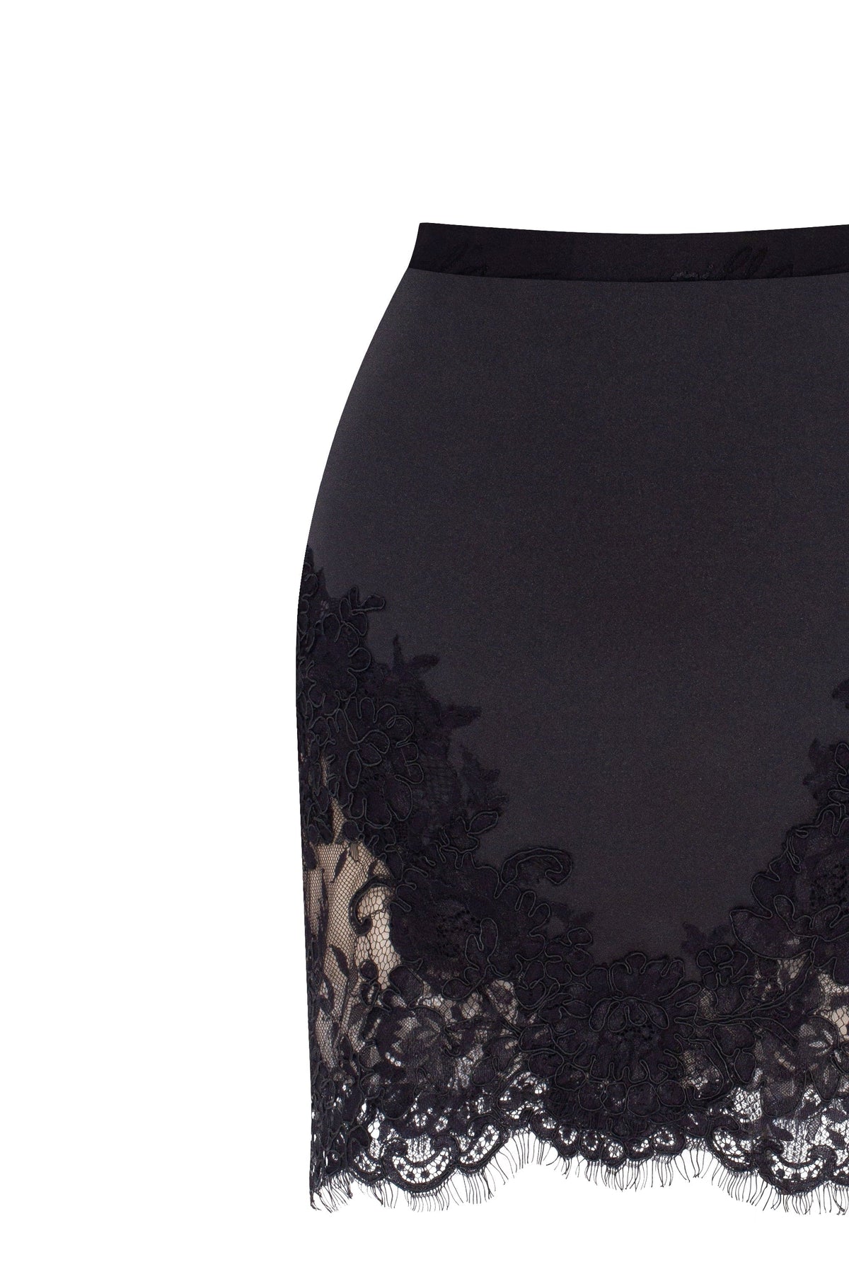 Fitted obsidian mini skirt adorned with lace Parisienne