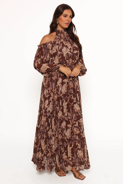 Hilary Pleated Maxi Dress Brown Floral