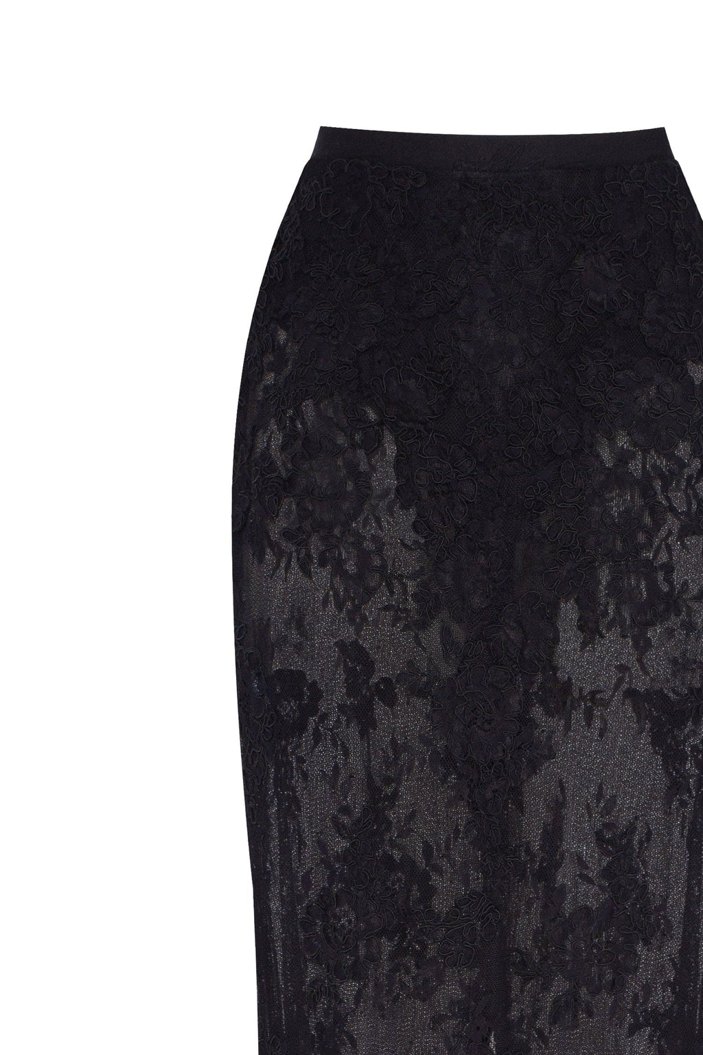 Sensual semi sheer maxi skirt crafted from black floral lace Parisienne
