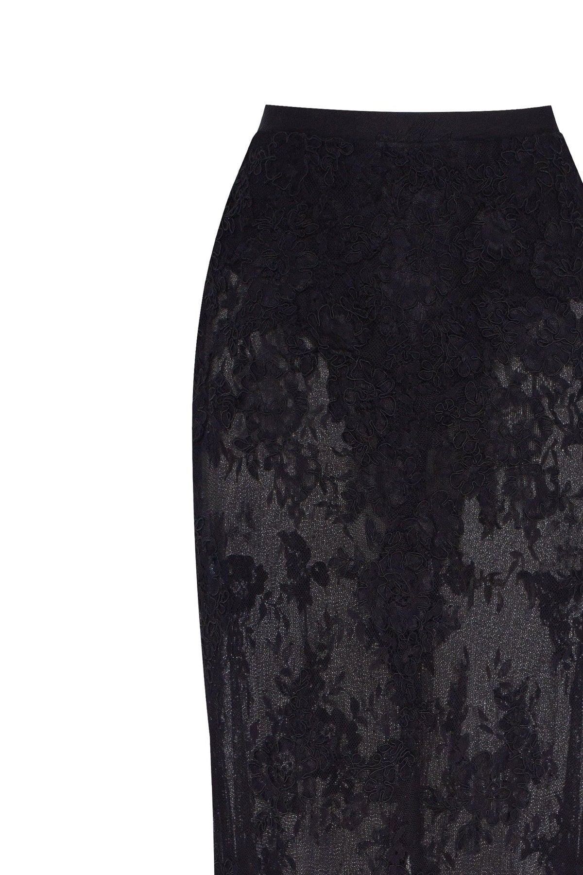 Sensual semi sheer maxi skirt crafted from black floral lace Parisienne