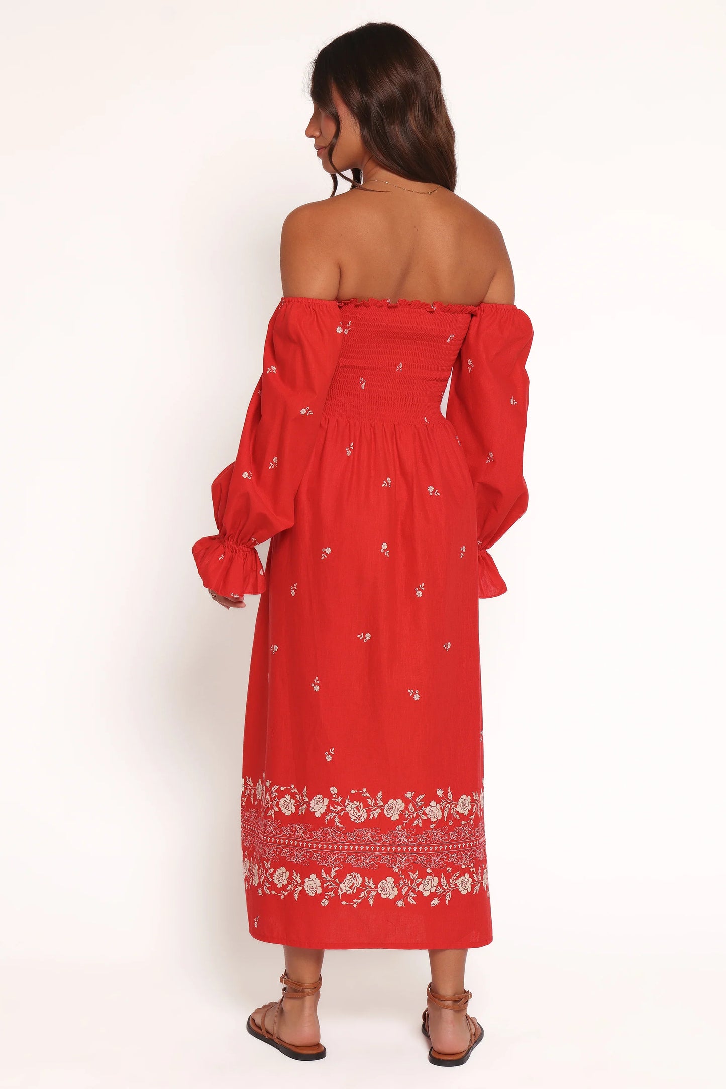 Domenica Shirred Long Sleeve Midi Dress Red Floral Bandana