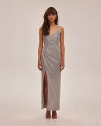Spaghetti straps silver sparkling wrapped maxi dress