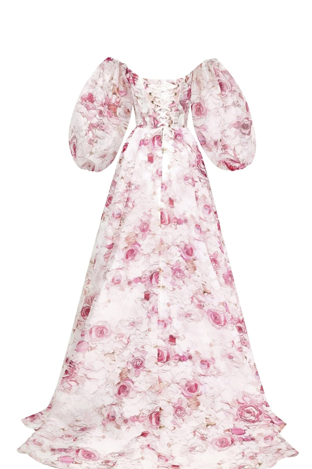 Pink Peony Elegant floral puff sleeve maxi dress