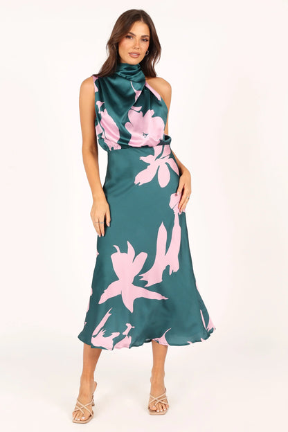Anabelle Halter Neck Midi Dress Green Pink