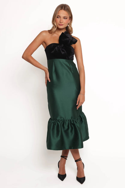 Amelie Bow Front One Shoulder Midi Dress Black Emerald