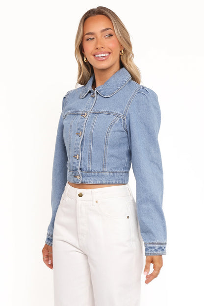 Faven Cropped Denim Jacket Mid Blue