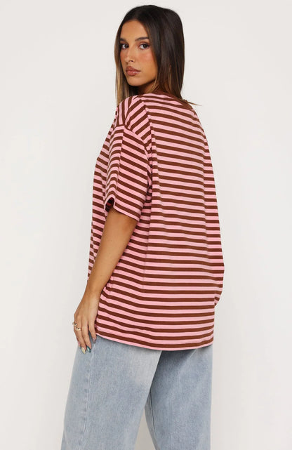 Touchdown Oversized Tee Brown Pink Stripe