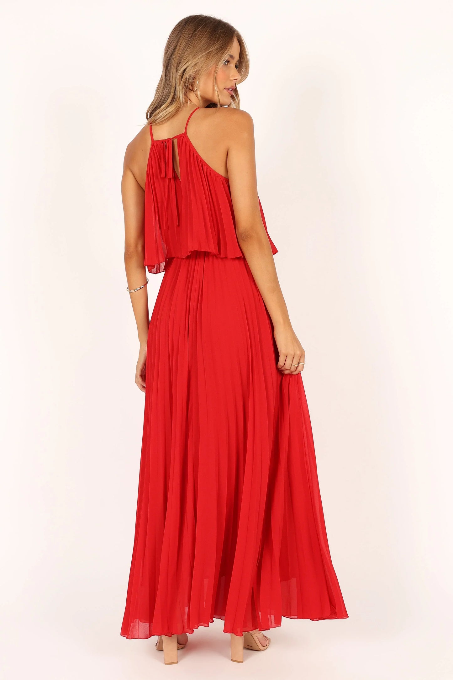 Gia Pleated Halterneck Maxi Dress Red