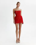 Fitted red lace mini dress
