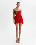 Fitted red lace mini dress