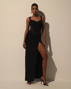 Black Maxi Dress with Corset Bodice and Slit