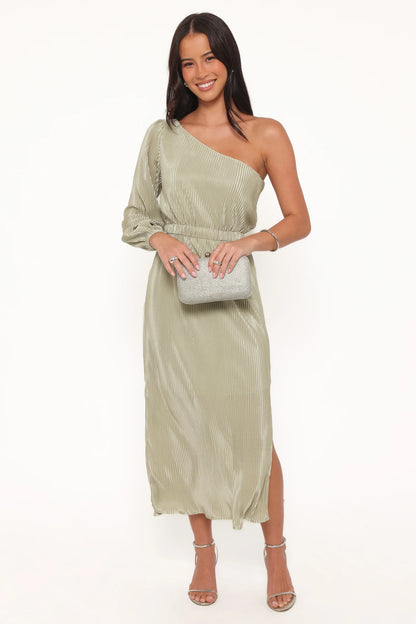 Pontee One Shoulder Pleated Midi Dress Sage Green