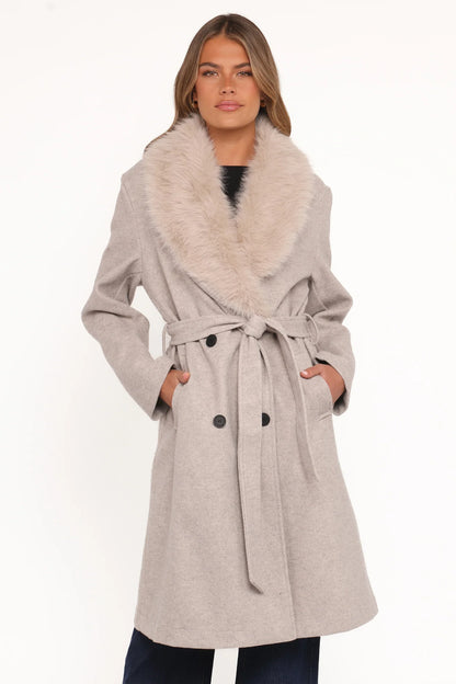 Nina Fur Collar Tie Waist Coat Cream