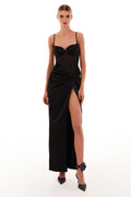 Chic satin maxi dress with semi transparent bodice