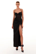 Chic satin maxi dress with semi transparent bodice