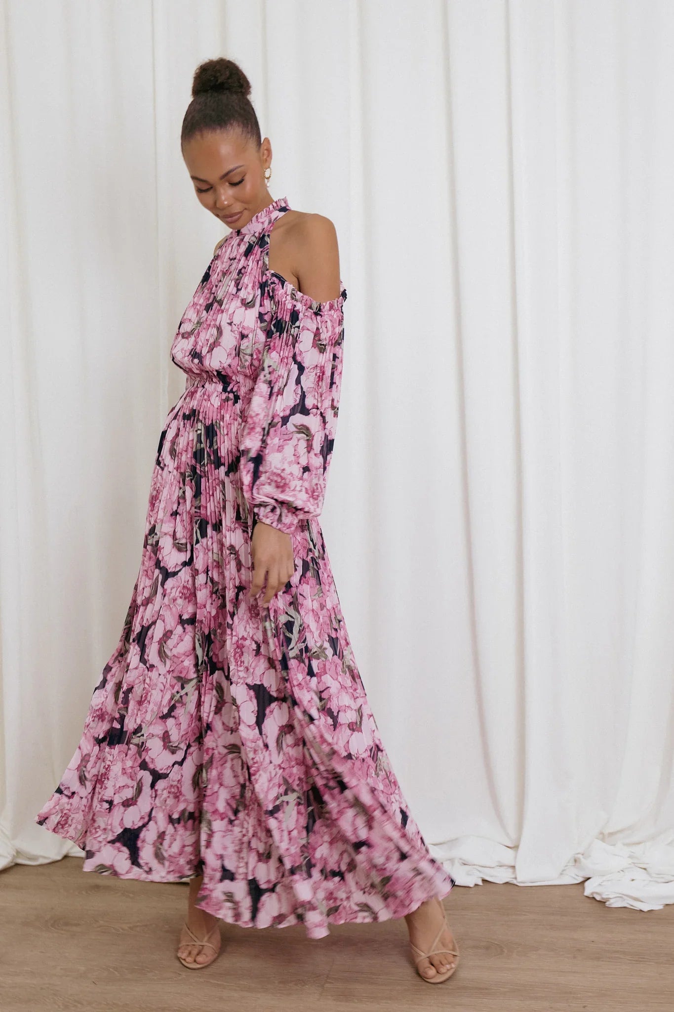Hilary Pleated Maxi Dress Pink Floral