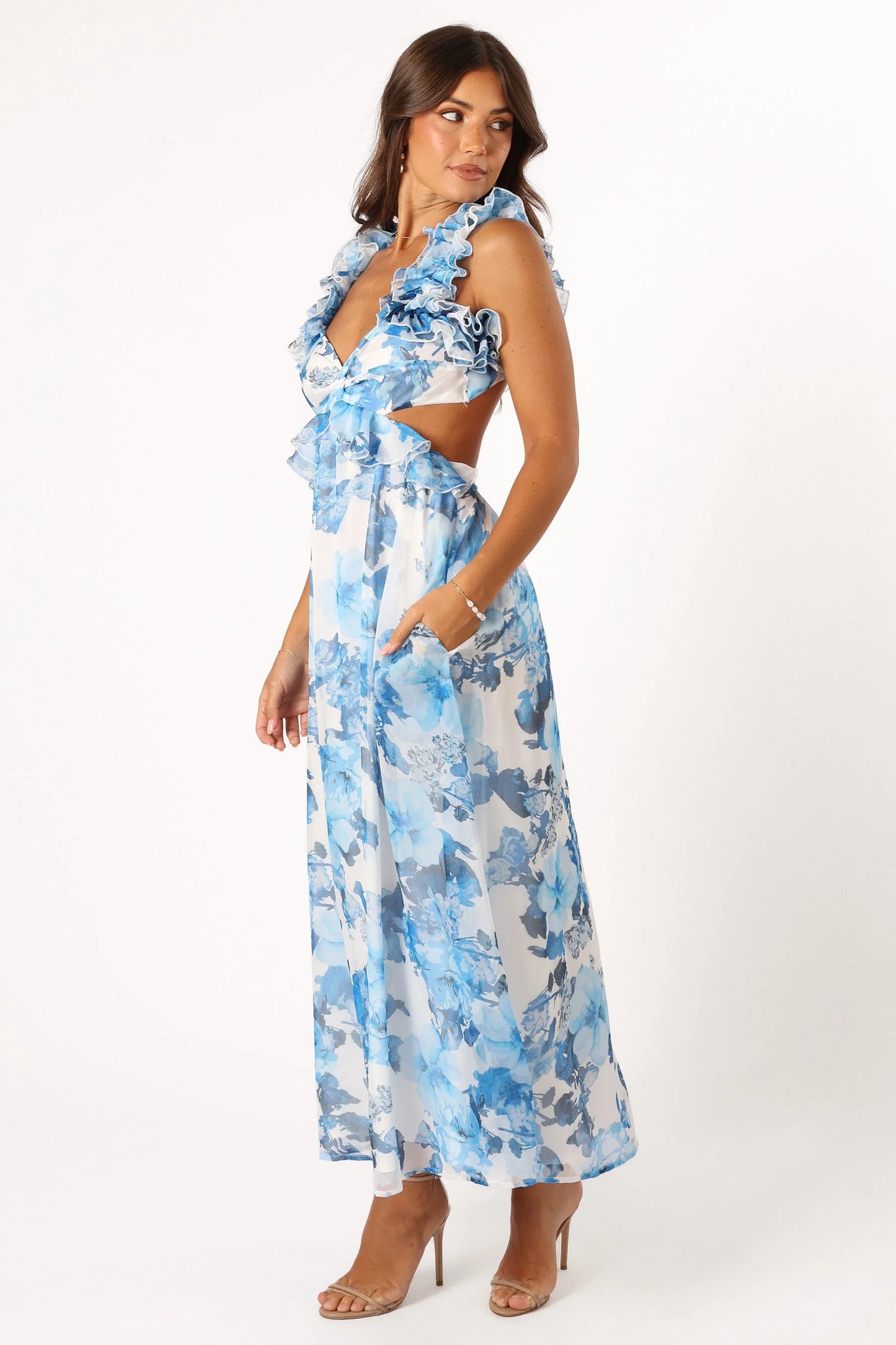 Lucah Frill Shoulder Maxi Dress Blue White Floral