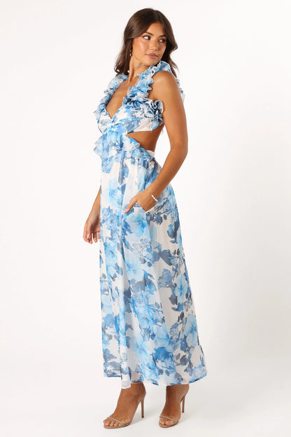 Lucah Frill Shoulder Maxi Dress Blue White Floral