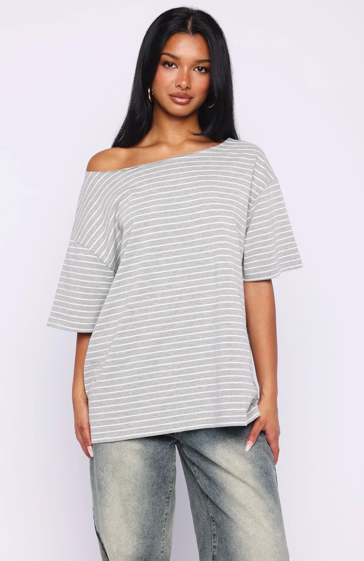Give Me Options Off Shoulder Tee Grey White Stripe