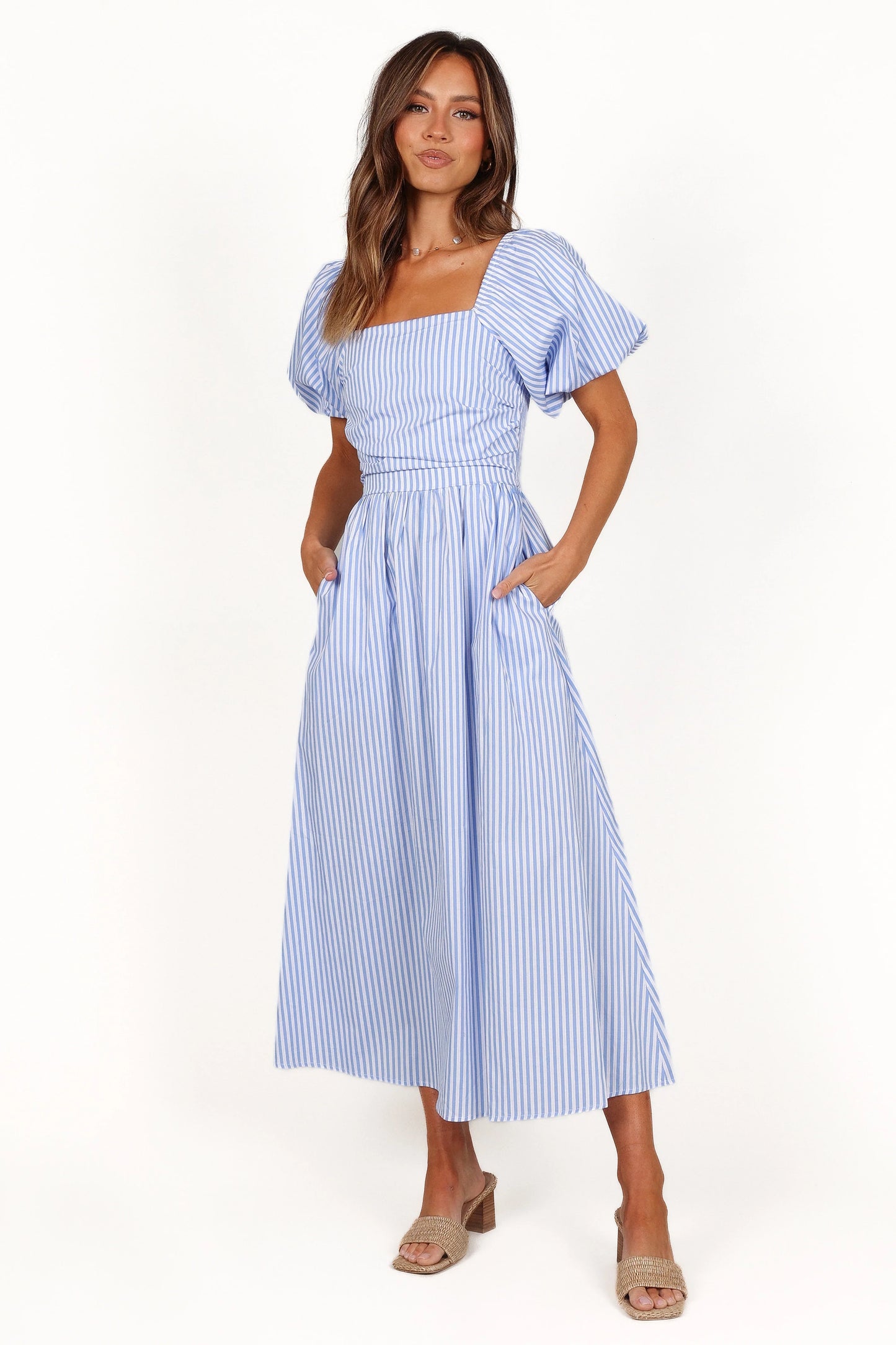 Clo Puff Sleeve Midi Dress Blue Stripe