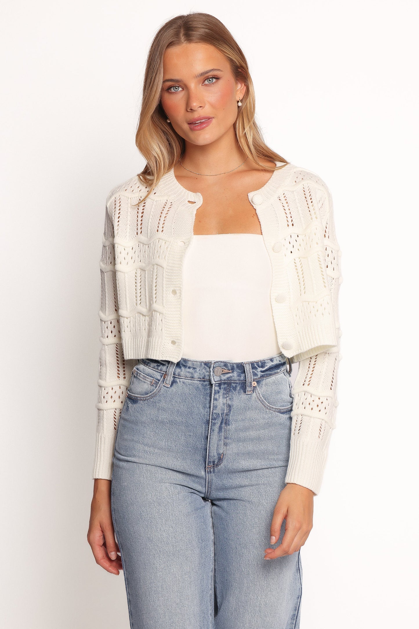 Aidy Crop Button Front Cardigan White