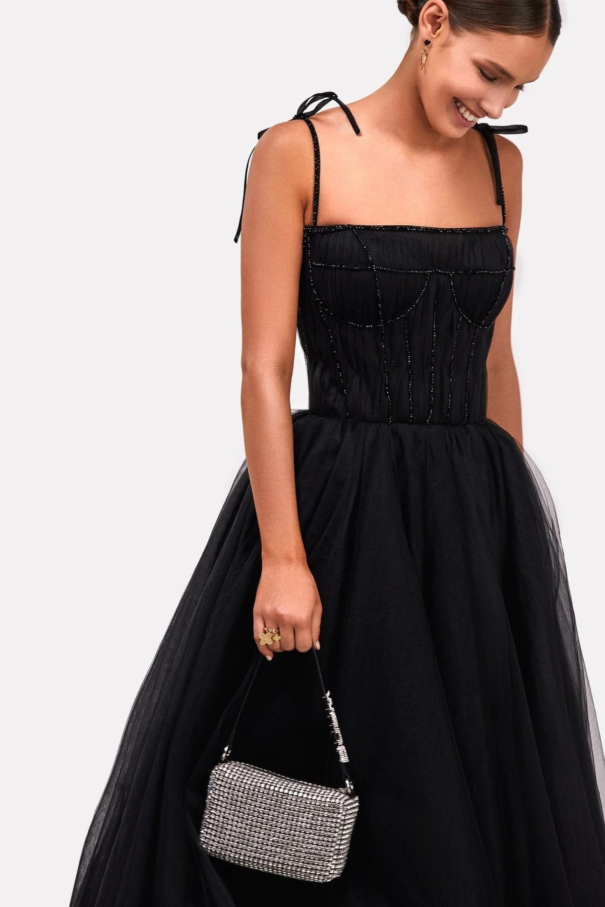 Black Tie strap cocktail dress with the elegant corset embroidery