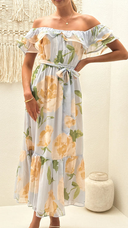 Chase Off Shoulder Maxi Dress Blue Peach Floral