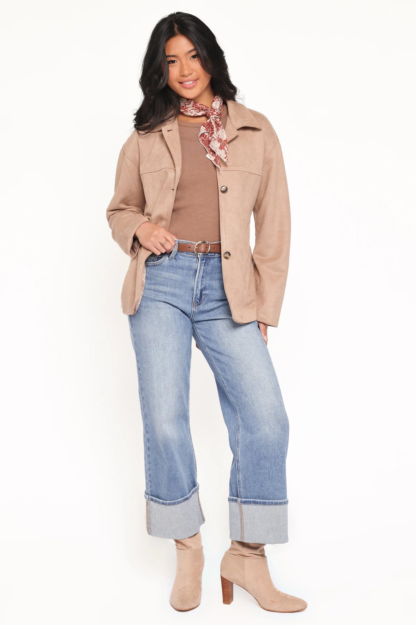 Nelly Faux Suede Cropped Trench Coat Mushroom