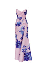 Strapless pink maxi dress with blue flowered pattern Glow Up