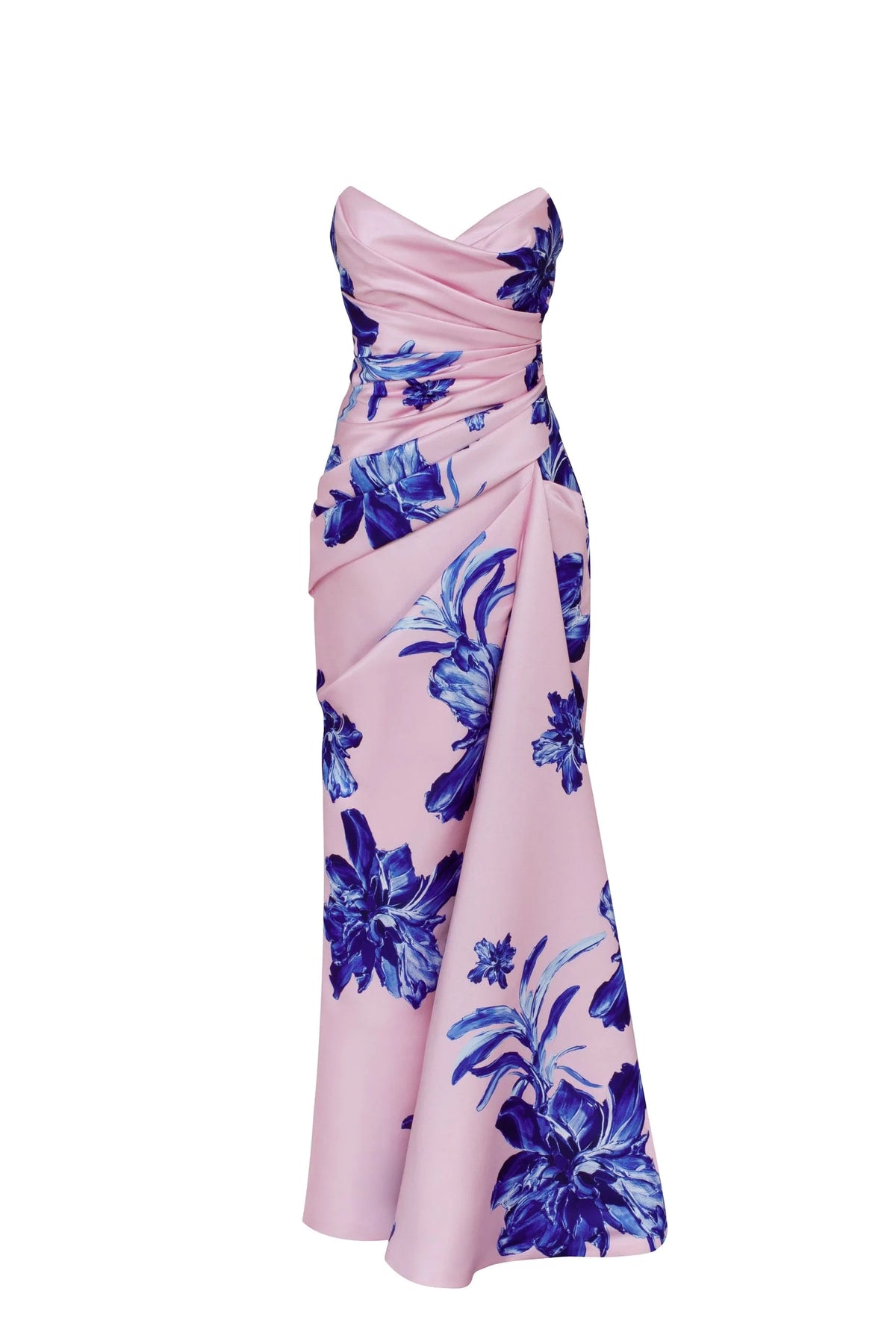 Strapless pink maxi dress with blue flowered pattern Glow Up