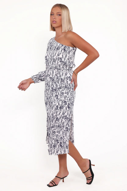 Pontee One Shoulder Pleated Midi Dress Navy Floral