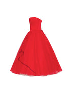 Dramatic red organza dress adorned with Millas signature and black gloves Xo Xo