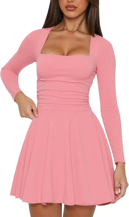 Square Neck Long Sleeve Mini Dress Ruffle Hem Corset Short Party Club Dresses