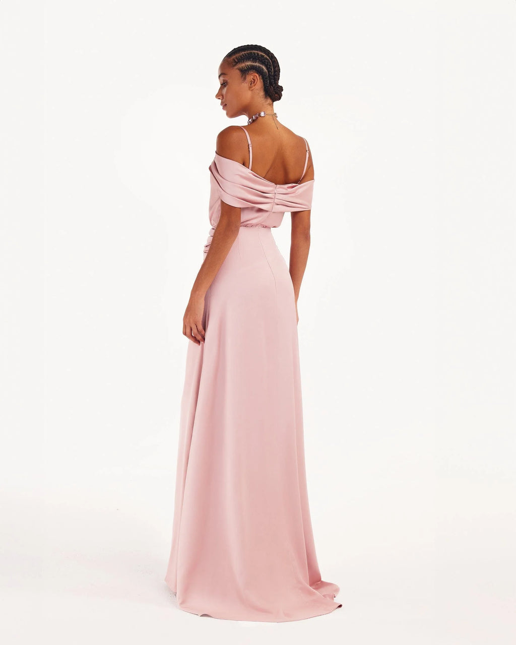 Elegant misty rose off the shoulder silk maxi dress