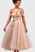 Off the shoulder midi gown with the tender embellishment