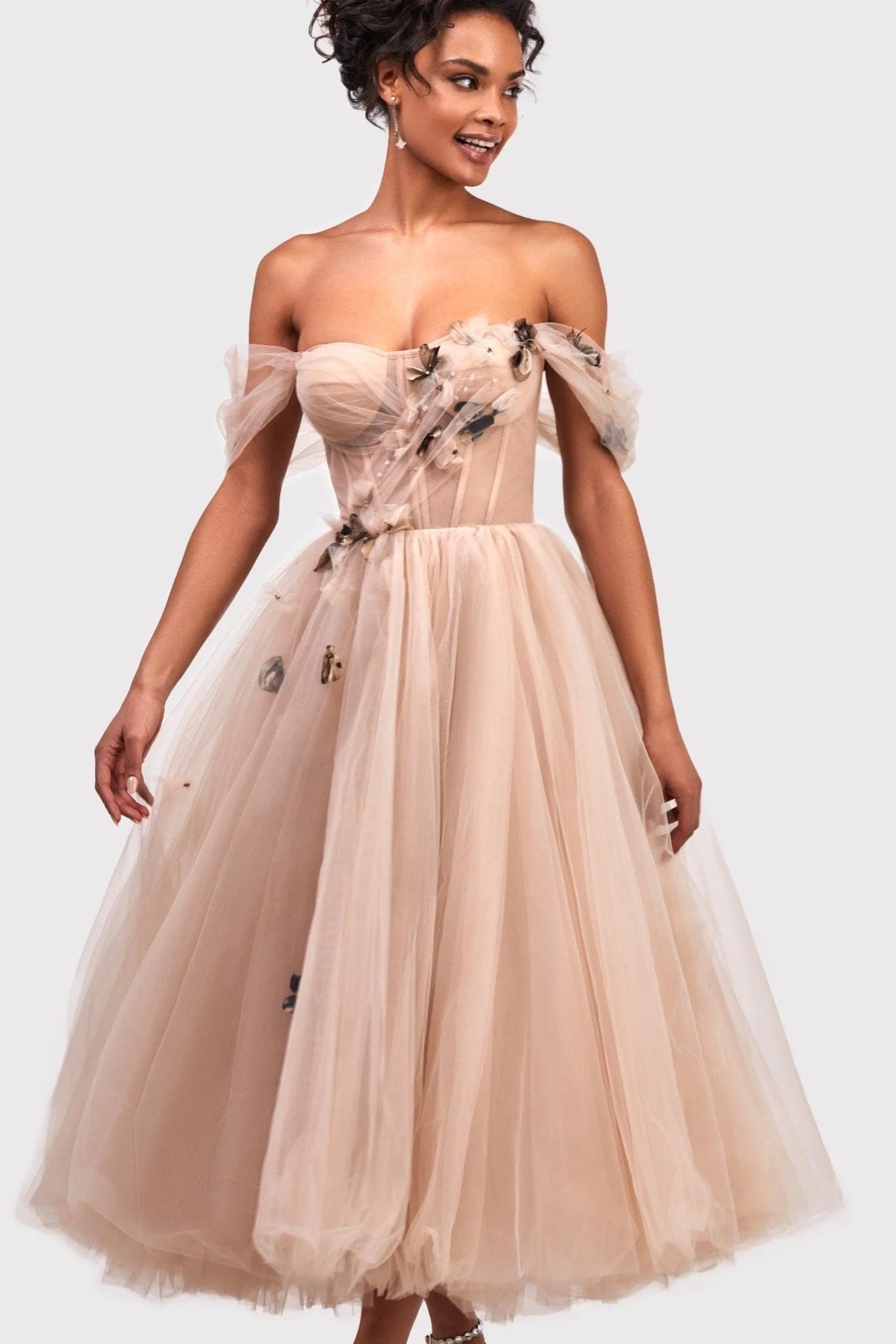 Off the shoulder midi gown with the tender embellishment