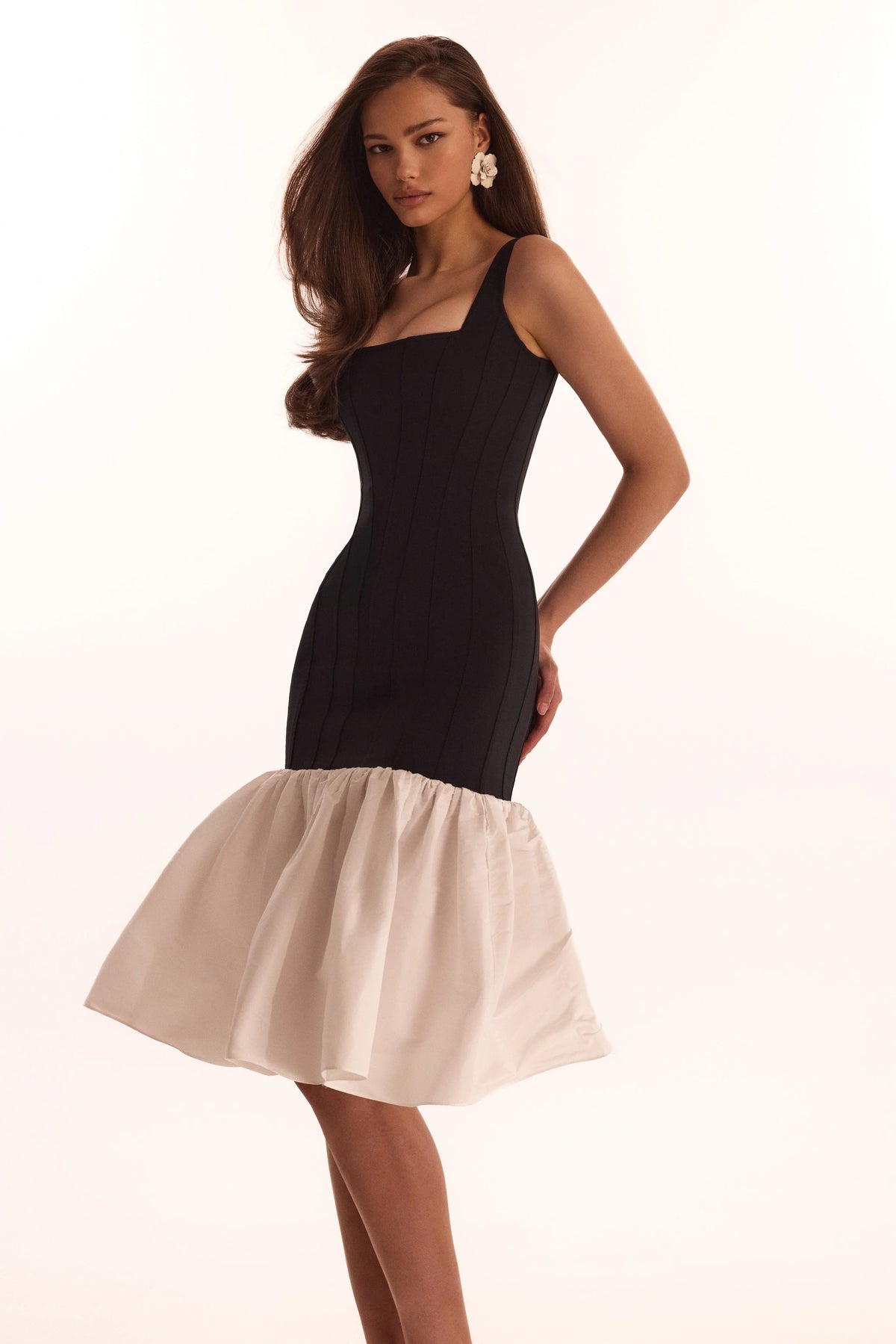 Black fitted maxi dress with white puffy tiered skirt Parisienne