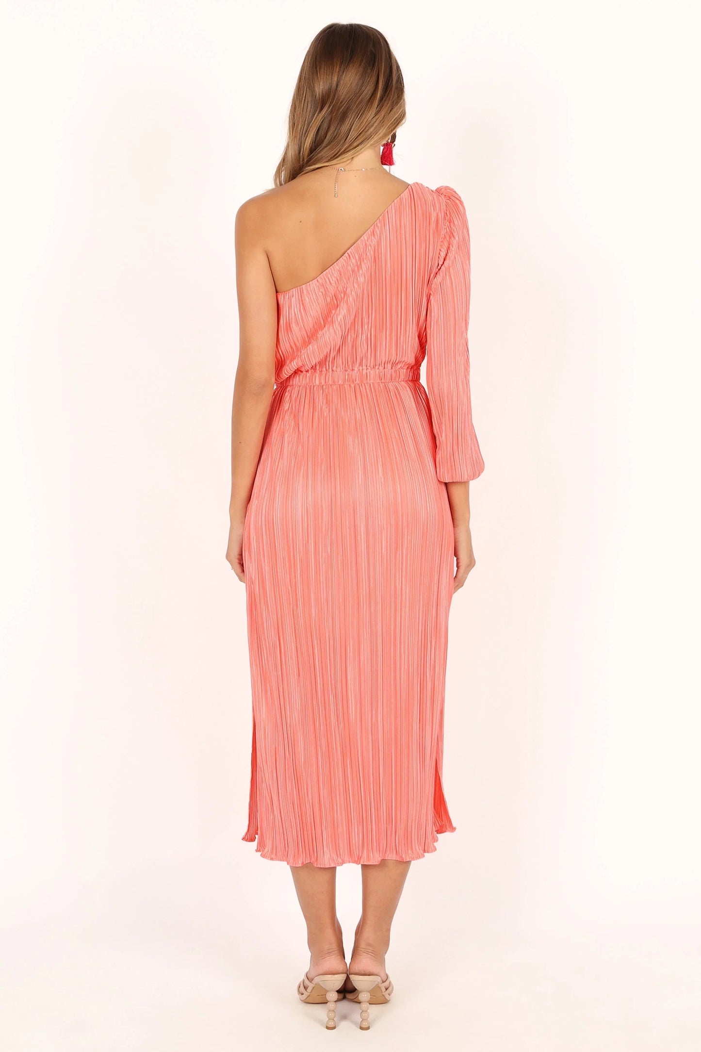 Pontee One Shoulder Pleated Midi Dress Coral