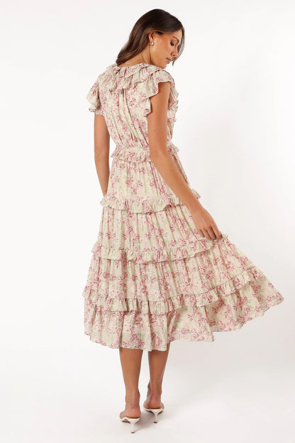 Levelle Midi Ruffle Dress Ivory Red Green Floral