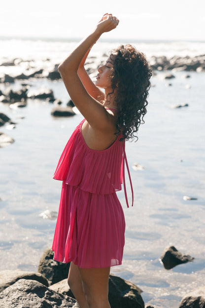 Gia Pleated Halterneck Mini Dress Hot Pink