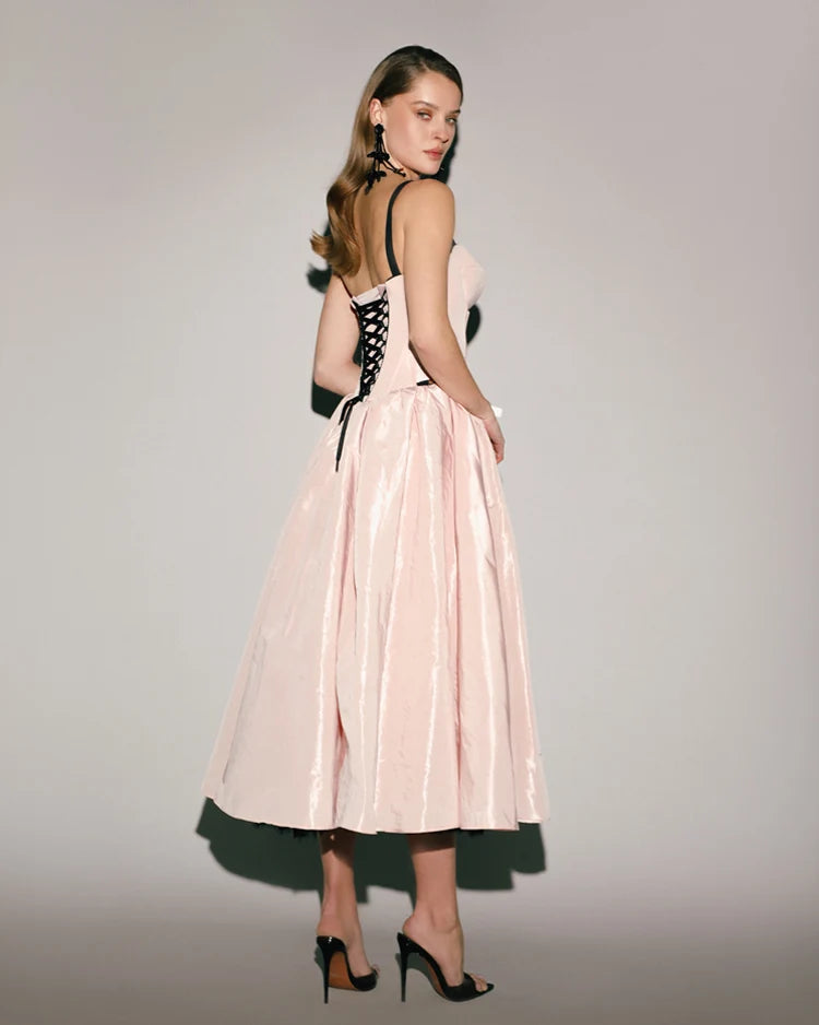 Misty Rose Corset Midi Dress with Contrast Details