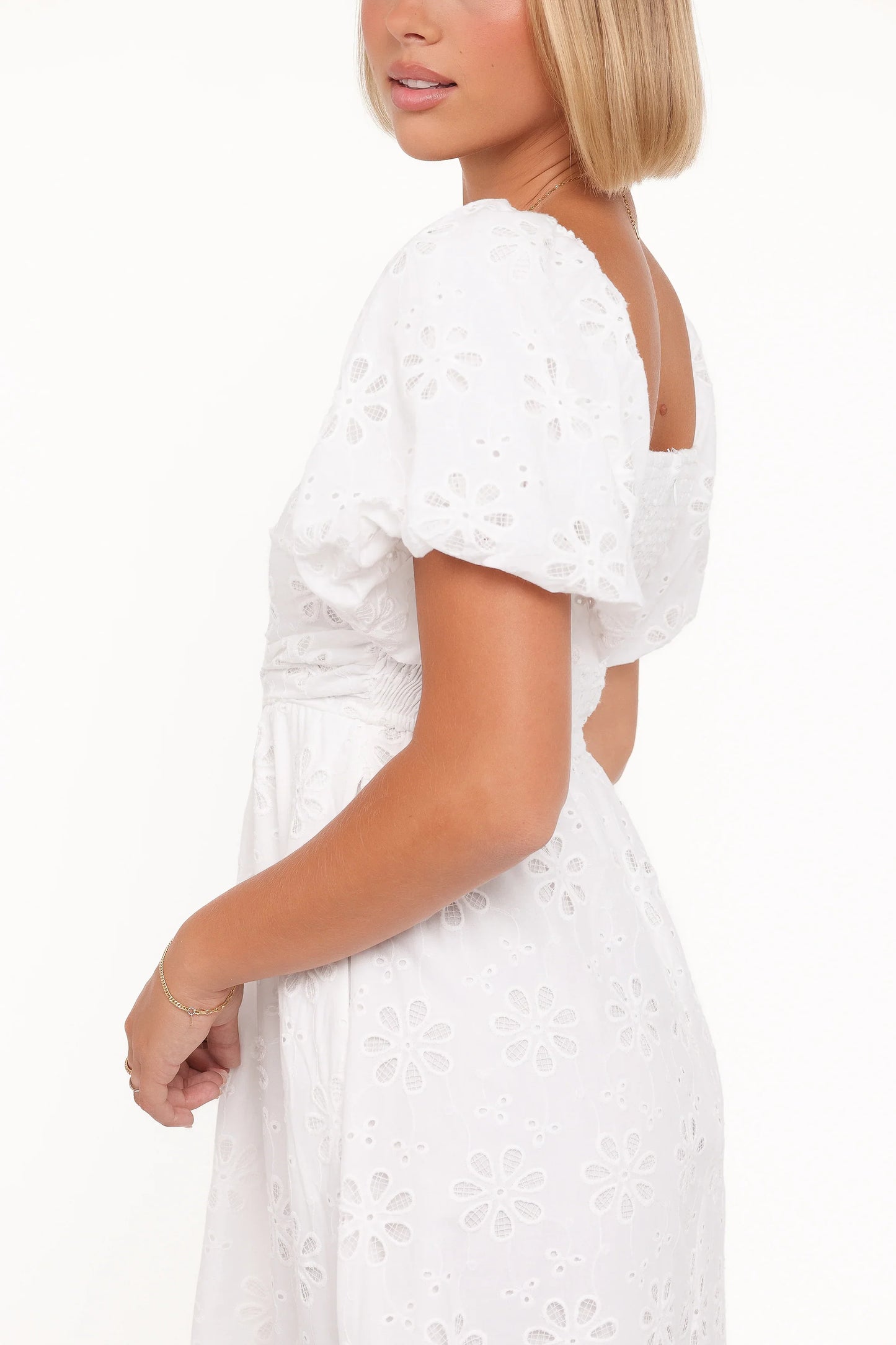 Clo Puff Sleeve Midi Dress White Broderie