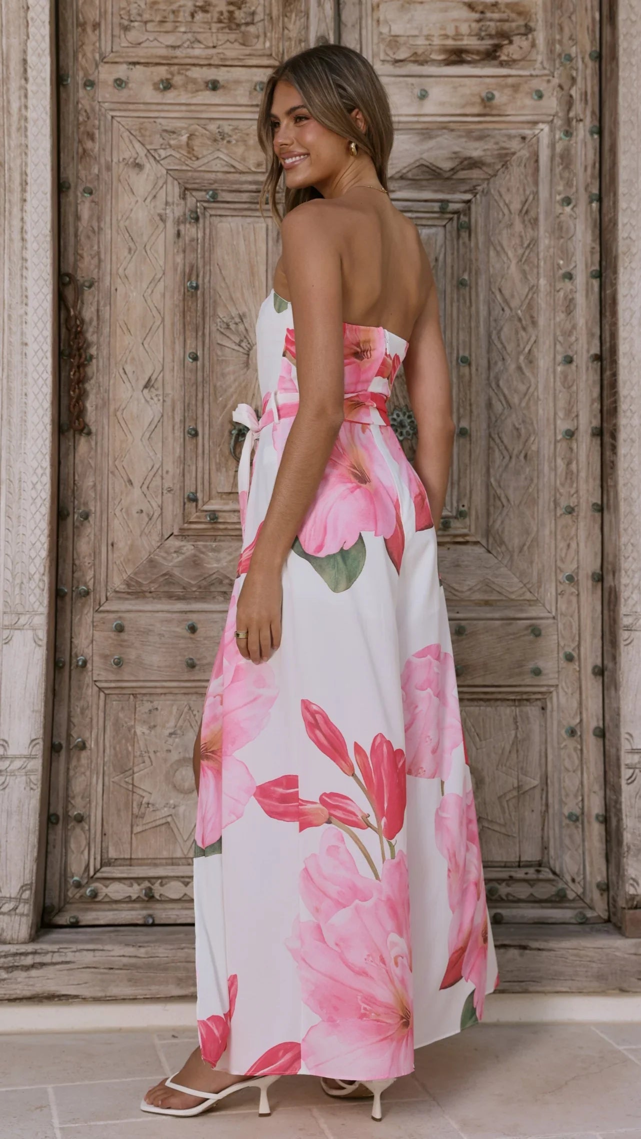 Carson Front Split Strapless Jumpsuit Pink Floral