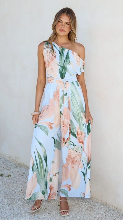 Oasis One Shoulder Jumpsuit Blue Peach Floral