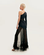 One shoulder maxi dress with feather trimmed bottom Xo Xo