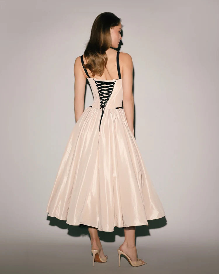 Nude Corset Midi Dress with Contrast Details